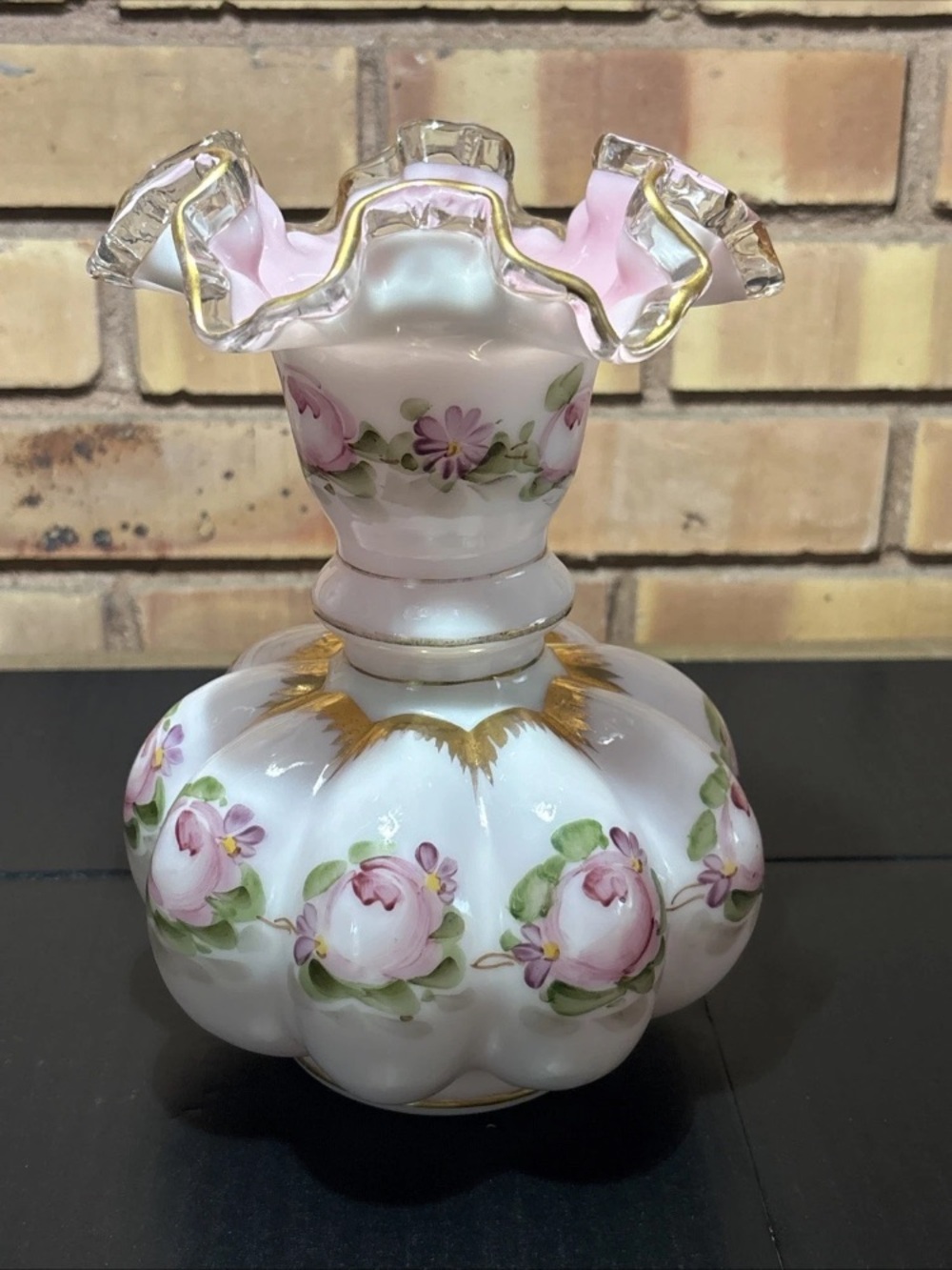 7.5” Fenton Charleton Peach Crest Melon Vase Hand Painted Roses & Gold
